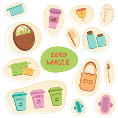 Zero waste. Set of vector flat elements zero waste - menstrual cup, reusable coffee cup, cloth bag, wooden comb, glass bottle, cloth pads, bamboo toothbrush. No plastic. Eco style. EPS10