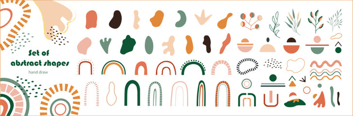 Set of abstract shapes. Modern clipart of hand-drawn abstract objects: spots, rainbow, moon, sun. Ornament. Bohemian-style wall decor. Collection of contemporary art prints.