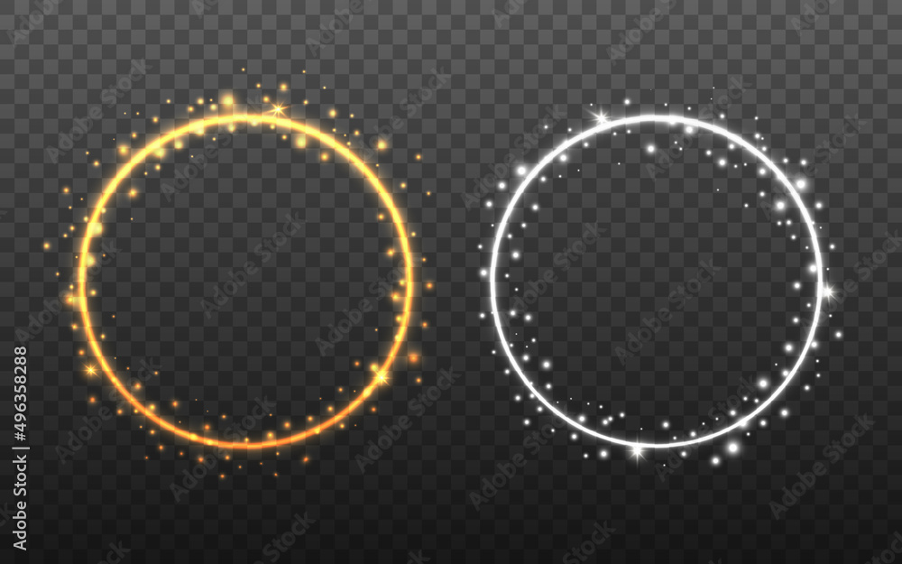 Poster glowing circles on transparent backdrop. gold and silver rings with bright particles. magic element 