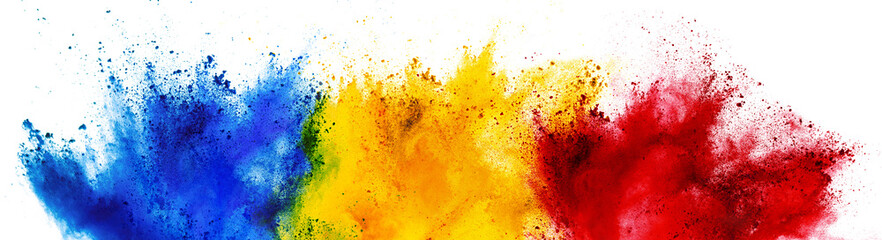 colorful romanian flag black blue yello red color holi paint powder explosion isolated white background. Romania europe celebration soccer travel tourism concept