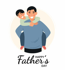 Father's day concept. Happy dad holding his son. Vector illustration in flat cartoon style.