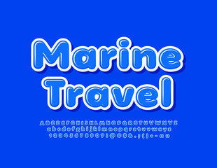 Fototapeta premium Vector blue emblem Marine Travel with glossy Alphabet Letters, Numbers and Symbols set. Modern creative Font
