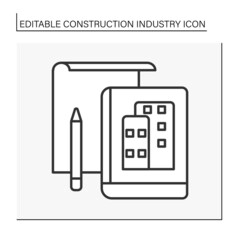  Project development line icon. Drawing on a digital sketchbook.Planning, organizing, coordinating pre-building process. Construction industry concept. Isolated vector illustration. Editable stroke