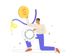 Concept of financial support, donation and charity. Flat vector illustration with male character donating money to charity.