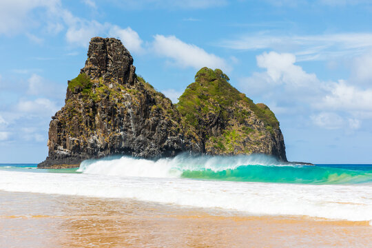 View of Two Brothers Mountain (Morro dos Dois Irm&atilde;os in Portuguese) from Cacimba do Padre beach in Fernando de Noronha, Brazil