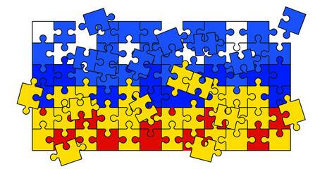 jigsaw puzzle pieces with Flag. Russia and ukraine conflict. Puzzle pieces icon or pictogram. national country symbol. Hybrid war and warfare, DDoS attack. Cyber war,