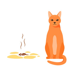 Cat sitting near its poop. Badly behaved pet going to toilet on floor. Pet toilet hygiene concept. Bad smell. Flat style vector 