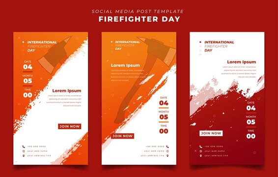 Set of social media post template with grunge background for firefighter day in portrait design