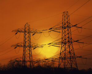 Electricity pylon during sunset, Scotland