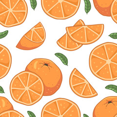 Seamless fruit pattern with oranges and leaves on a white background. Illustration background.
