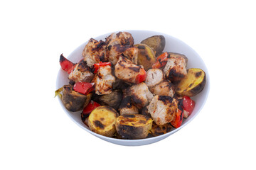 a portion of barbecue and baked potatoes and bell peppers