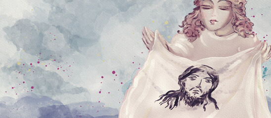 Christ's face in Veronica's scarf . Watercolor concept banner