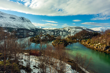 Norwegian Fjords. Mountains, snow, sea in Lapland. Norway a landscape in nature