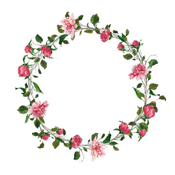 Hand-drawn watercolor floral wreath with bright pink peonies and leaves, buds. Illustration isolated on white background. Wreath for decoration of wedding invitations, cards, wrapping paper.