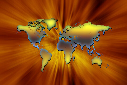 World map with light streaks radiating