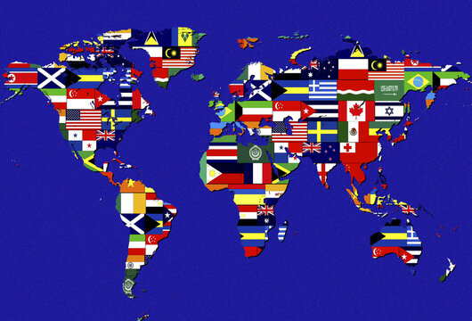 World map covered with flags of different nations