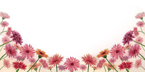 Watercolor floral background with flowers of gerbera. Watercolor daisy. Bright hand-drawn illustration for banner, poster, for design of wedding, romantic event, cards, decoration of flower shop.