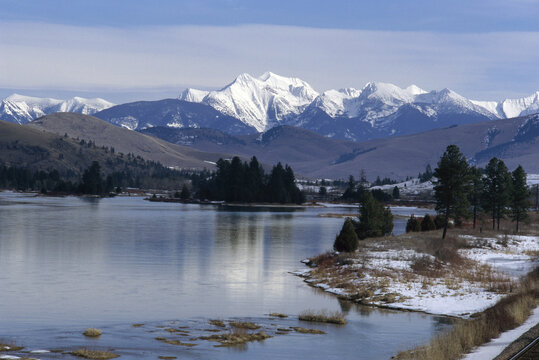 Snow covered mountains, Flathead River, Mission Mountains, Montana, USA