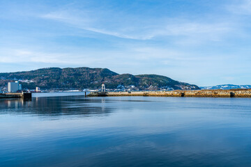 Fototapeta na wymiar Entrance to Trondheim Harbour and view of Trondheim fiord (Trondheimsfjorden), an inlet of the Norwegian Sea, Norway