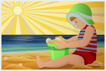 Summer card, little boy playing on the beach , vector illustration