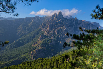Obraz premium In the south of Corsica, the Aiguilles de Bavella tower into the sky. The Col de Bavella is a mountain pass in the south of Corsica Regional Nature Park, Corsica island, France