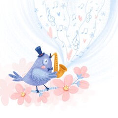 Postcard with a cute bird playing the saxaphone