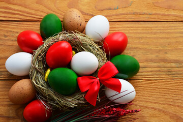Easter eggs as the color of the Italian flag red, white, green. Happy Easter holiday card for Italy