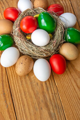 Fototapeta na wymiar Easter eggs as the color of the Italian flag red, white, green. Happy Easter holiday card for Italy