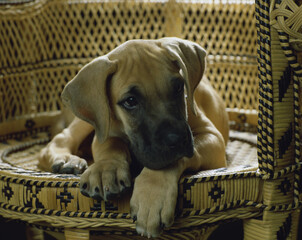 Close-up of a Great Dane puppy lying on a chair