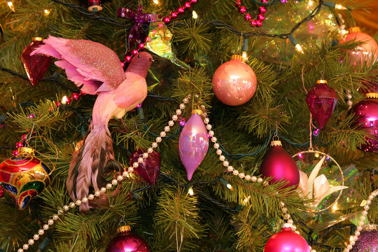 Close-up of Christmas ornaments hanging on a Christmas tree