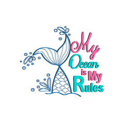 Fototapeta premium Mermaid card with hand drawn sea elements and lettering. Calligraphy summer quote with seashells, hearts and pearls. Summer print