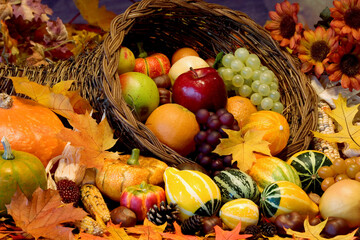 Close-up of assorted fruit in a basket on Thanksgiving Day