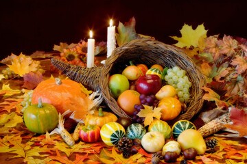 Close-up of assorted fruit in a basket on Thanksgiving Day