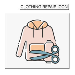 Hoodie color icon. Correct length of trendy clothing. Thread and scissors. Clothing repair concept. Isolated vector illustration