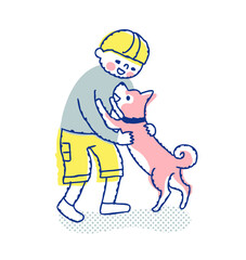 犬と戯れ合う男の子