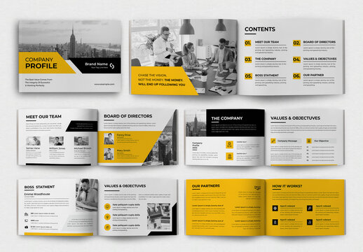 Company Profile Landscape Layout with Yellow Accents