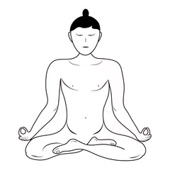Illustration of a yogi meditating in a padmasana position. Isolated. Sitting person in lotus pose. Black sketch in vector and jpg format.