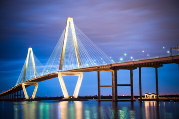 Fototapeta na wymiar Arthur Ravenel Jr Bridge seen at night with lights, Charleston South Carolina