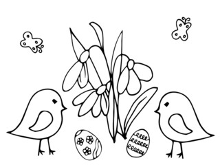 Easter theme. Birds, eggs and flowers. Vector hand drawn outline symbol  isolated on white. 
