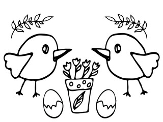 Easter theme. Birds, eggs and flowers. Vector hand drawn outline symbol  isolated on white. 