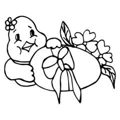 Easter сhick and egg with flowers. Vector hand drawn outline symbol  isolated on white. 