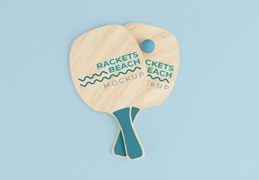 Top View Wooden Beach Rackets with Rubber Ball Mockup