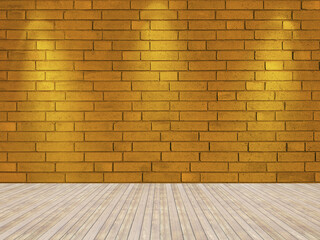 Spotlight background. Empty gold brick wall interior