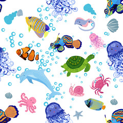 Marine life, fish, animals bright seamless pattern. sea travel, underwater diving animal tropical fish. Jellyfish, whale, shark, seahorse, clown fish, dolphin, turtle, emperor