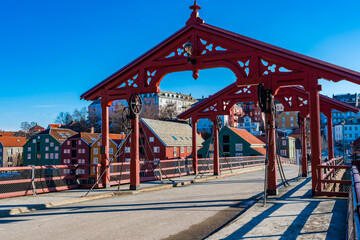 Famous Gamle Bybro (Old Town Bridge) over the river Nidelva in Trondheim, Norway