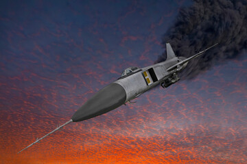 Jet fighter with engine on fire and smoke before crash in dramatic sunset sky. Military strike aircraft of World war time.