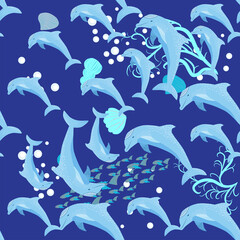 Dolphin, sea inhabitants seamless pattern, beautiful character among seashells, algae, starfish, marine wildlife