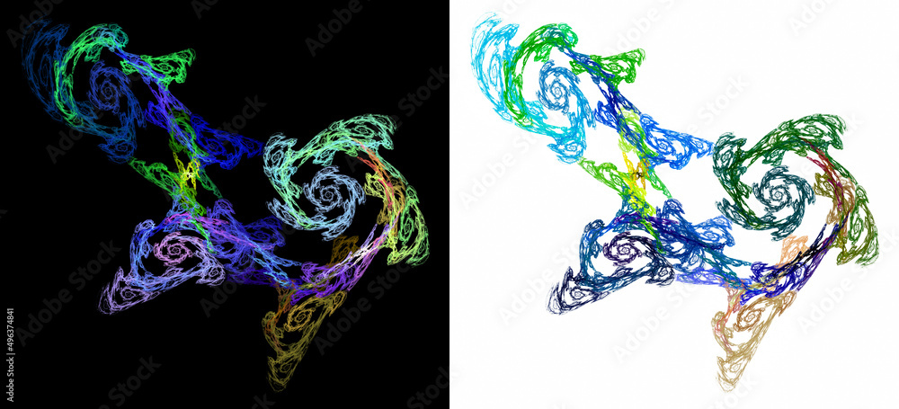Poster openwork colorful spirals are arranged diagonally on white and black backgrounds. set of graphic des