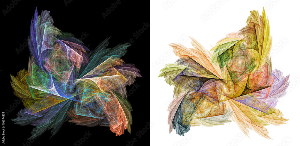 Poster multicolored air feathers rotate in a circle on white and black backgrounds. set of graphic design e