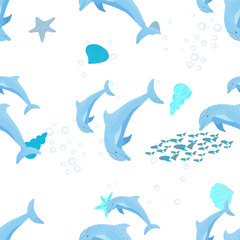 Fototapeta premium Dolphin, sea inhabitants seamless pattern, beautiful character among seashells, algae, starfish, marine wildlife